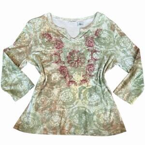 Y2K Cherokee Graphic 3/4 Sleeve V Neck T Shirt With Rhinestones Women’s Large